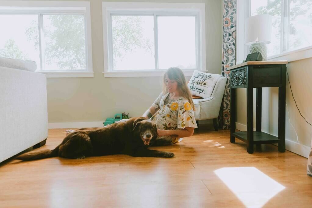 Una habitación con un ventanal grande, un sofá, una mesita y un perro acostado en el suelo.