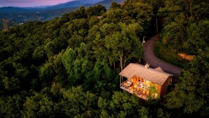 Una cabaña apartada rodeada de un bosque denso, con un camino sinuoso que la lleva.