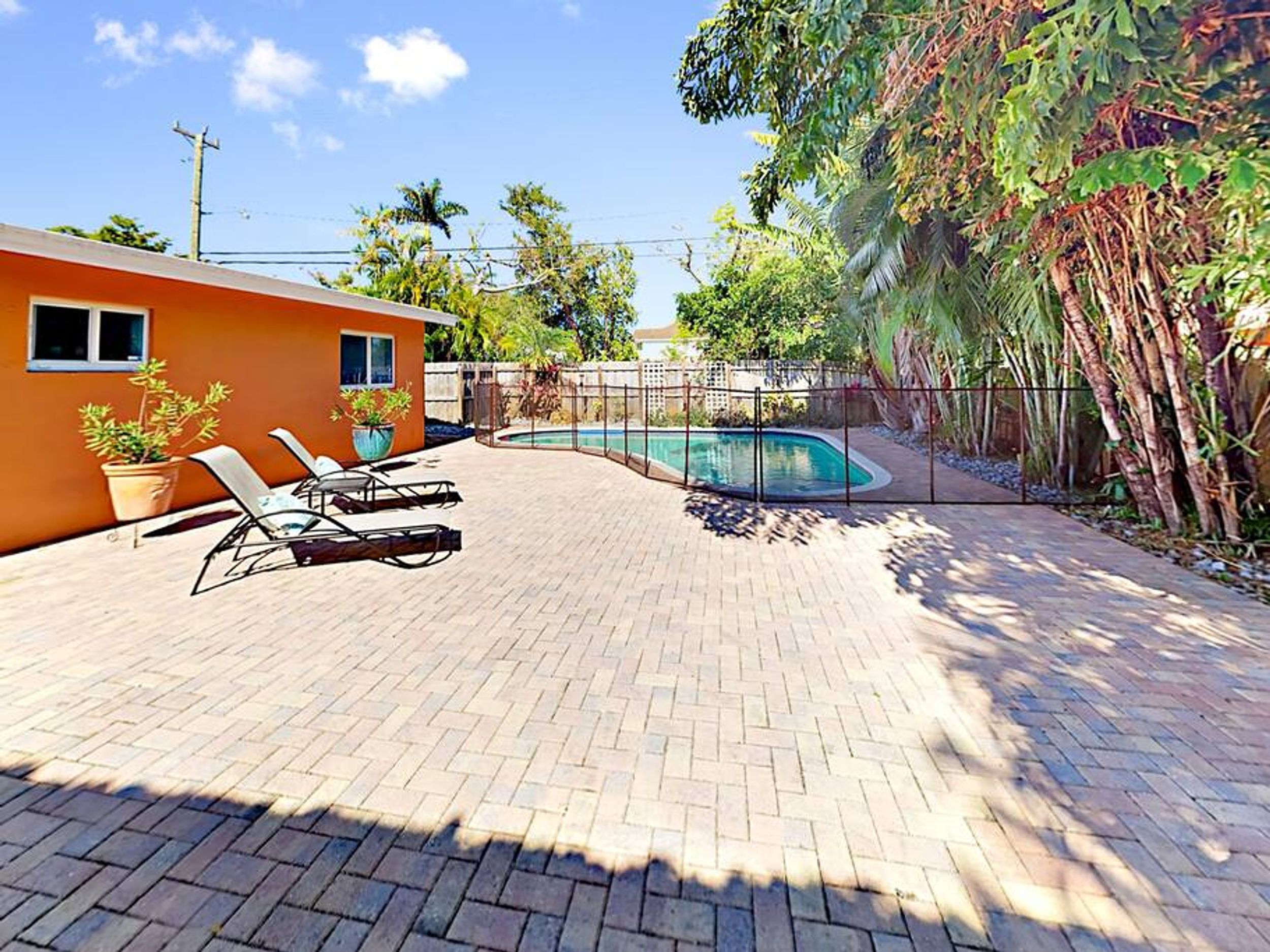 Un patio trasero con piscina, sillas de descanso y una planta en maceta.