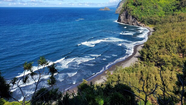 A coastal landscape with a beach, ocean waves, and a forested hillside. - Condo in the center of Kona, 2-unit AC, Washer/Dryer, Full Kitchen, Free Parking (Kailua-Kona)
