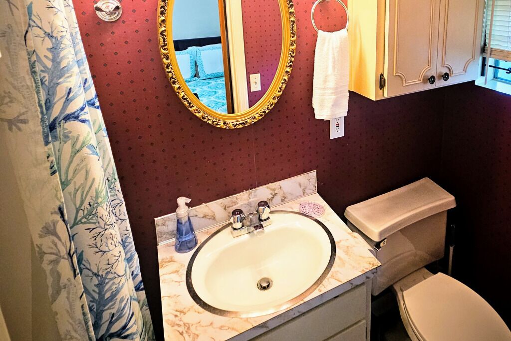 Une salle de bain avec un lavabo en marbre, des toilettes, un miroir avec un cadre doré et un rideau de douche orné d’un motif de feuilles.