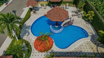 A swimming pool with a bridge, surrounded by palm trees and a flower bed.