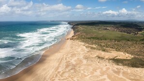 Un paisaje costero con una playa arenosa y acantilados.