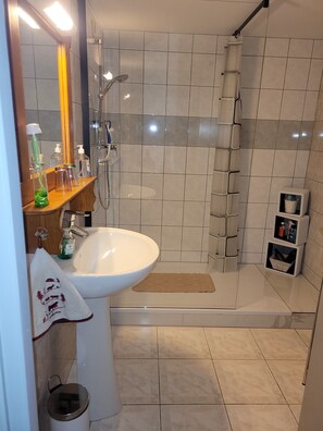 Dusche, Haartrockner, Handtücher, Seife