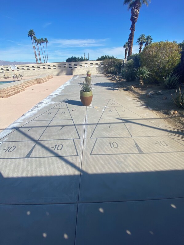 A shuffleboard court with numbers and a potted plant in the center.