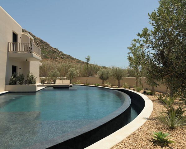 Seasonal outdoor pool, pool umbrellas, pool loungers