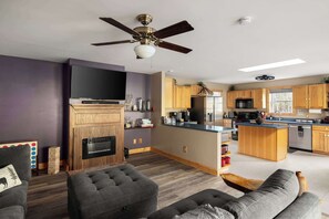 Télévision, cheminée, espaces bureaux