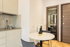Fridge, microwave, coffee/tea maker, toaster