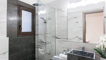 Hair dryer, towels, soap, shampoo