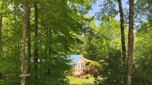 A cabin with a deck and a path leading to it, surrounded by dense forest.