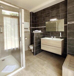 Standard Room, Lake View | Bathroom | Shower, hydromassage showerhead, hair dryer, towels - Hôtel des Princes (Publier)