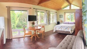 Een kamer met een bed, een slaapbank, een eettafel met stoelen, een televisie en grote ramen voorzien van gordijnen.