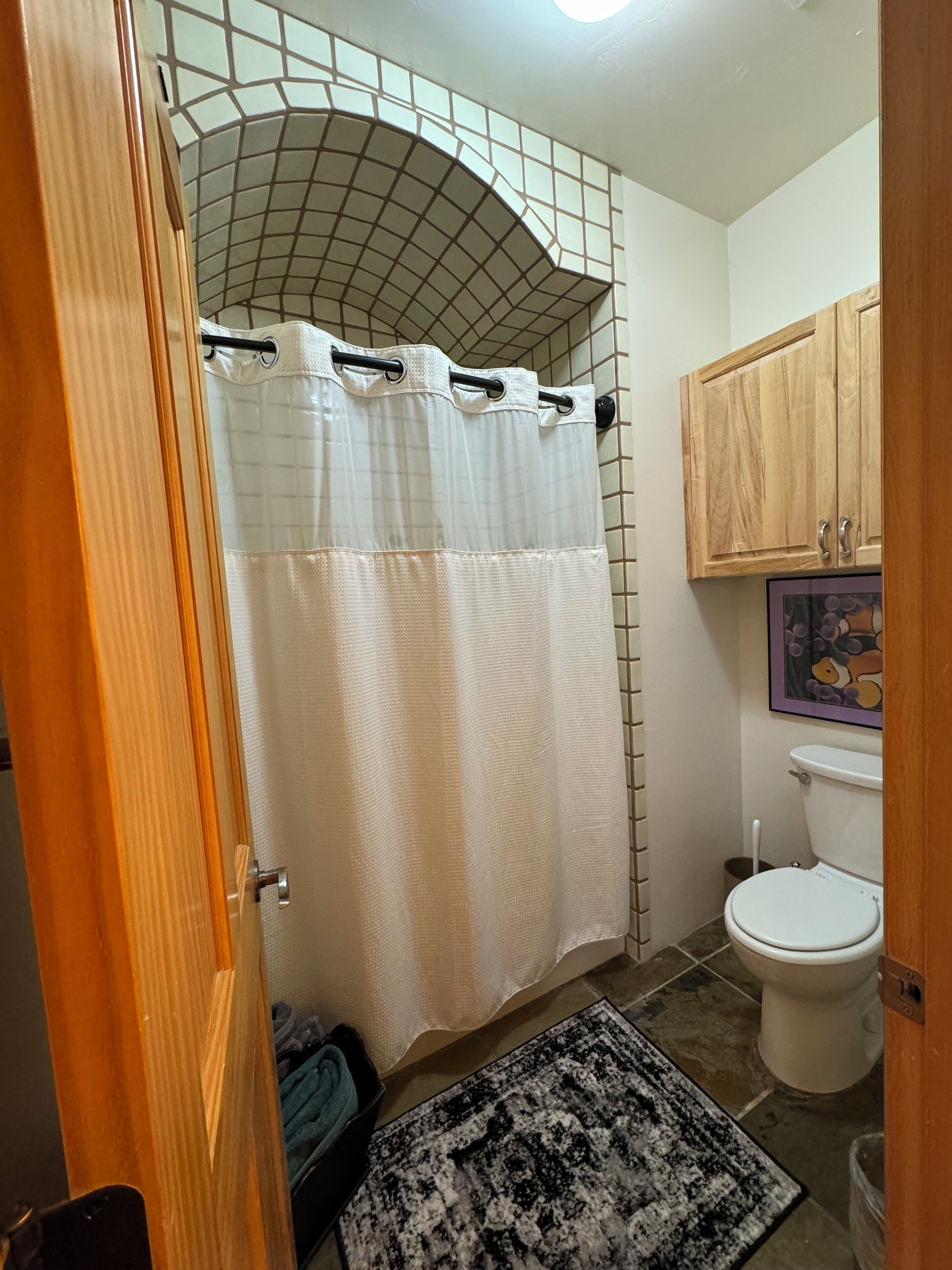 Un bagno con tenda doccia, water, armadietti in legno e un tappeto.