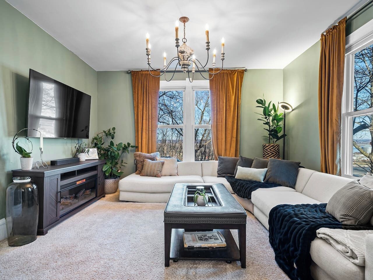 Smart TV, fireplace, books, computer monitors