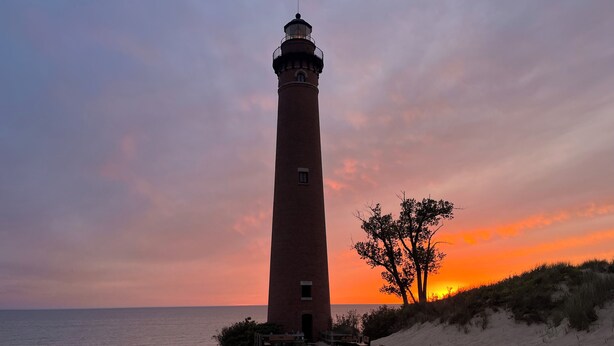 Ein Leuchtturm mit Backsteinfassade, gelegen an einem sandigen Strand mit einer Bank und einem Baum in der Nähe.