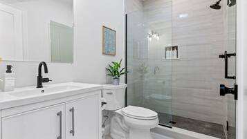 Hair dryer, towels, soap, shampoo