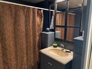 Hair dryer, towels, soap, toilet paper