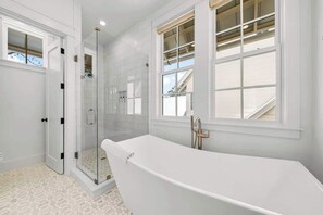 Shower, hair dryer, shampoo
