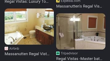 Jetted tub, hair dryer, towels, soap