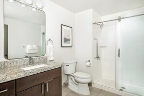 Hair dryer, towels, soap, shampoo