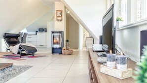Un dormitorio tipo loft moderno con techo inclinado, chimenea, televisor y una zona de estar acogedora.