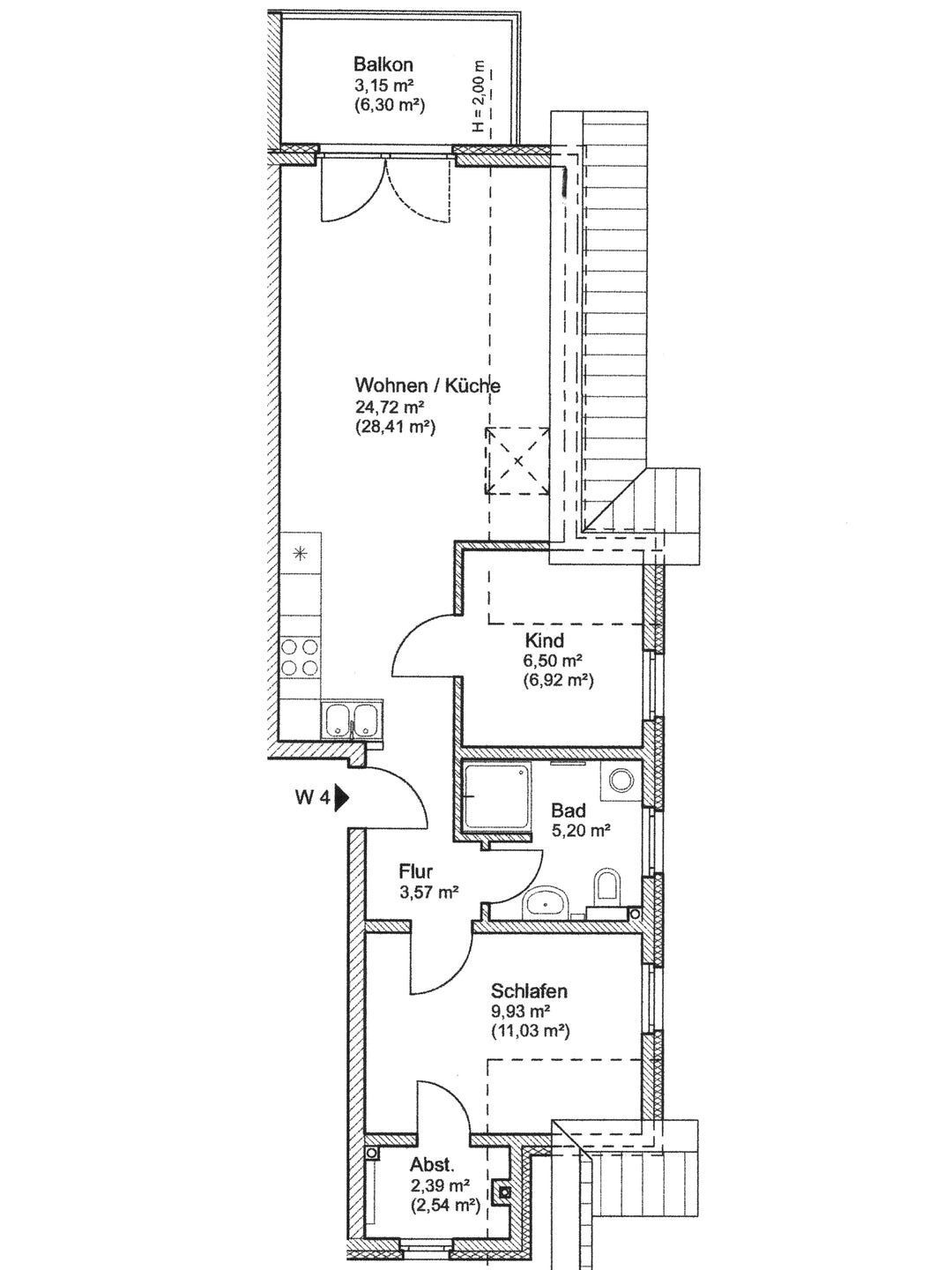 A floor plan of a hotel with a balcony, living/dining area, kitchen, bathroom, and bedrooms.