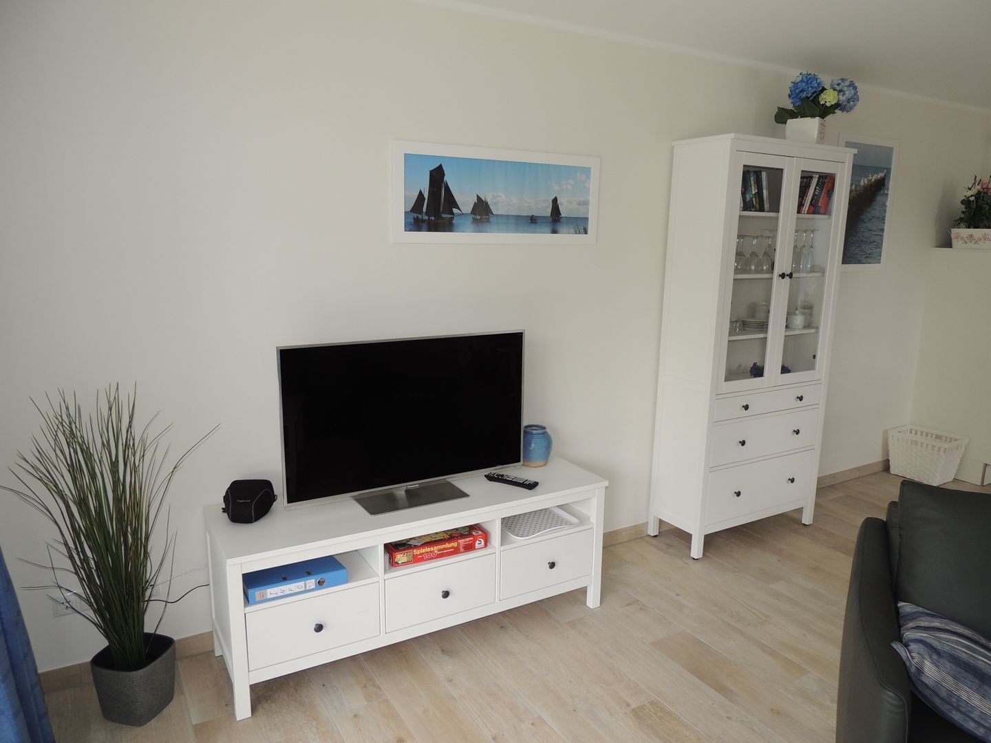 Een woonkamer met een flatscreen televisie op een witte standaard, een kast met glazen deuren, een potplant en een lijst met een afbeelding aan de muur.
