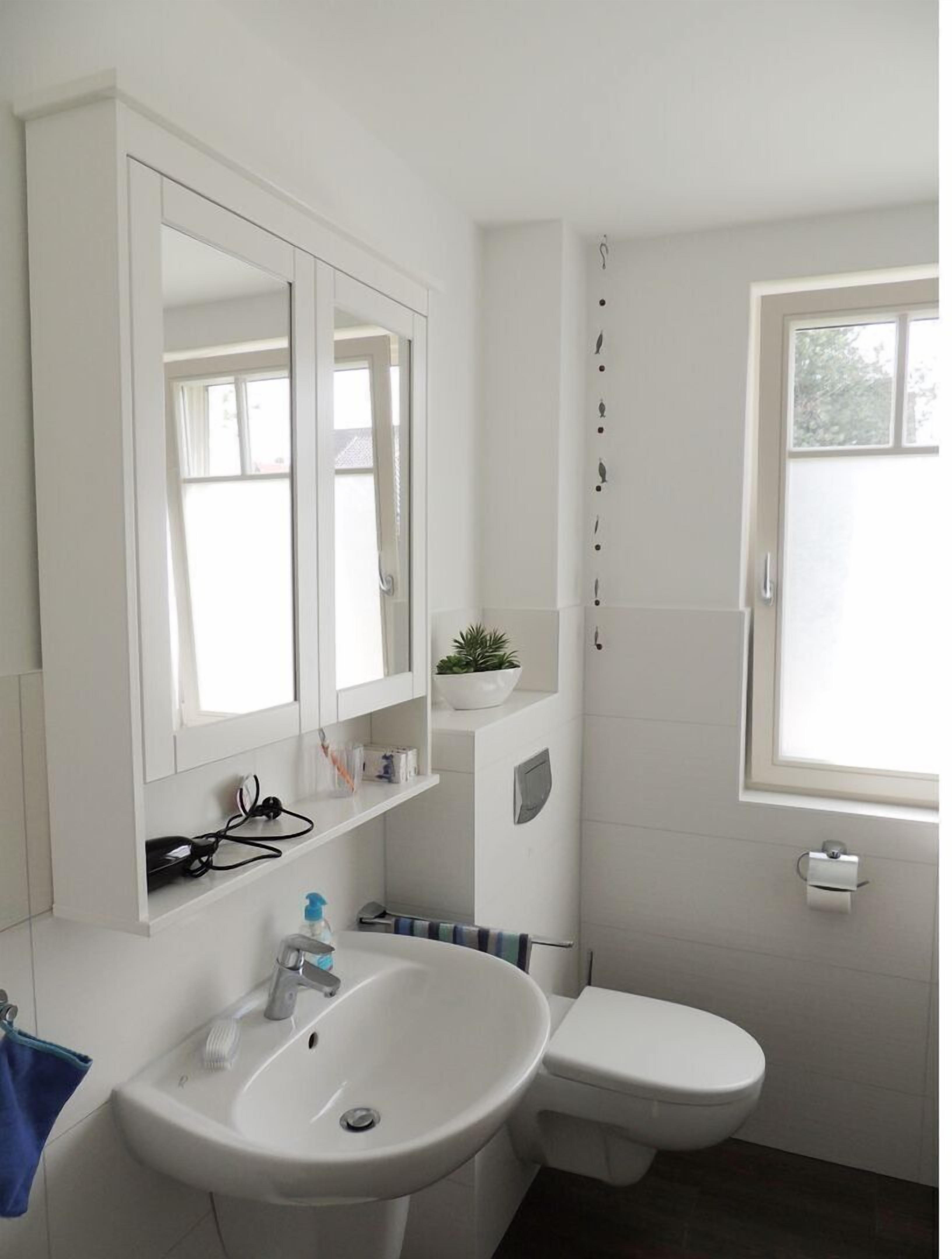 A bathroom with a white sink, mirror, and toilet. There is a window providing natural light and a small potted plant on the wall.