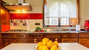 A kitchen with a bowl of lemons on the counter, wooden cabinets, a stove, and a window with a view. - Villa Magnolia - Apartment in villa (Giardini Naxos)