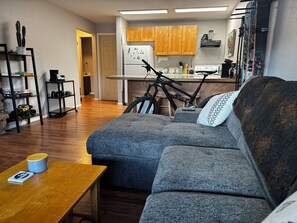 Smart TV, chimenea, libros y estéreo 
