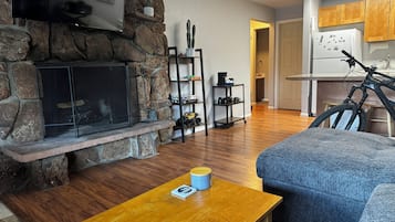 Smart-TV, Kamin, Bücher, Stereoanlage