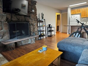 Smart TV, chimenea, libros y estéreo 