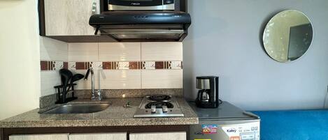 Full-size fridge, microwave, dishwasher, cookware/dishes/utensils