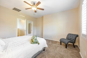3 bedrooms, desk, iron/ironing board, travel crib