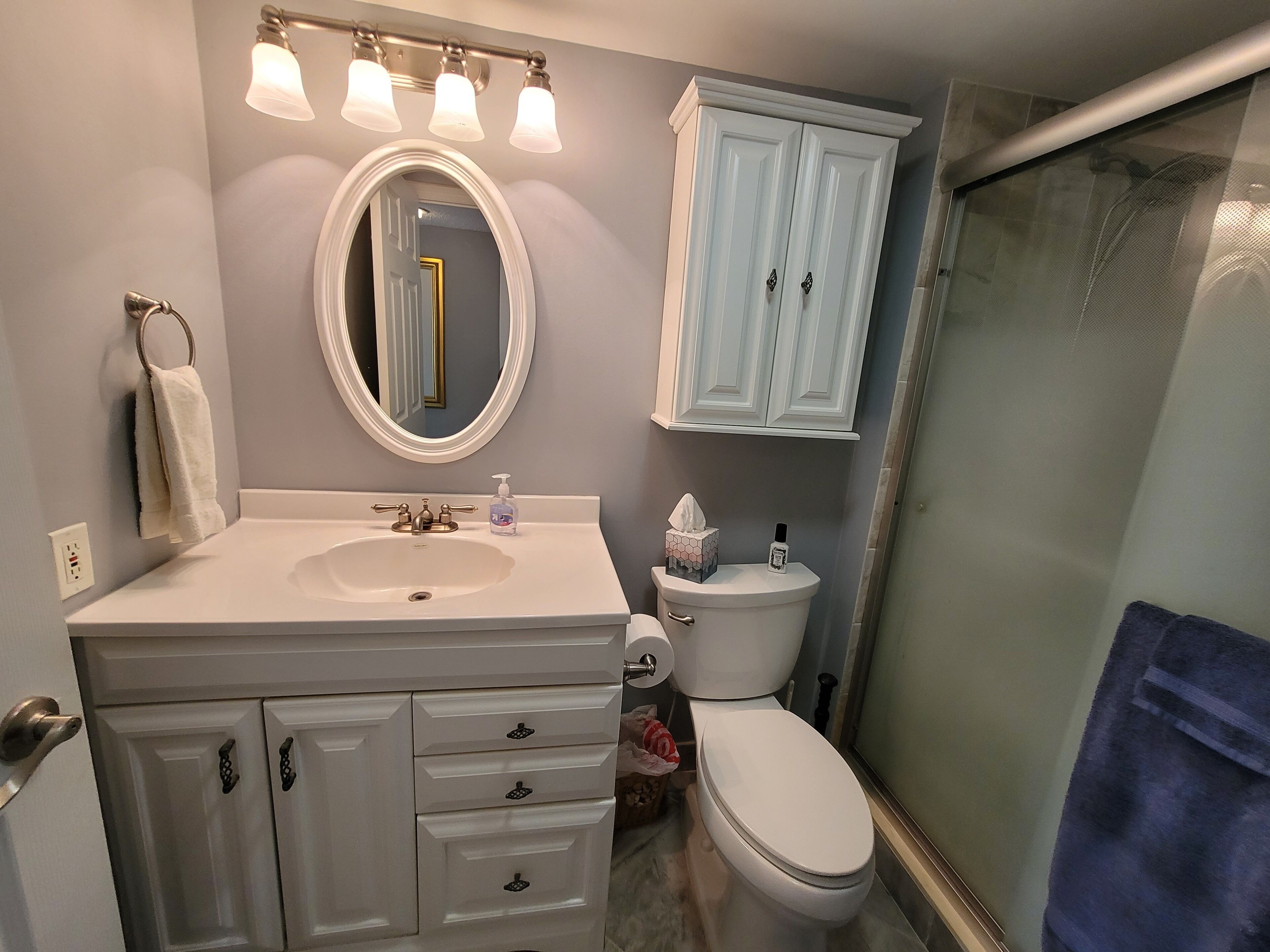 Une salle de bain avec un meuble-lavabo blanc, un miroir, des toilettes et un espace douche.