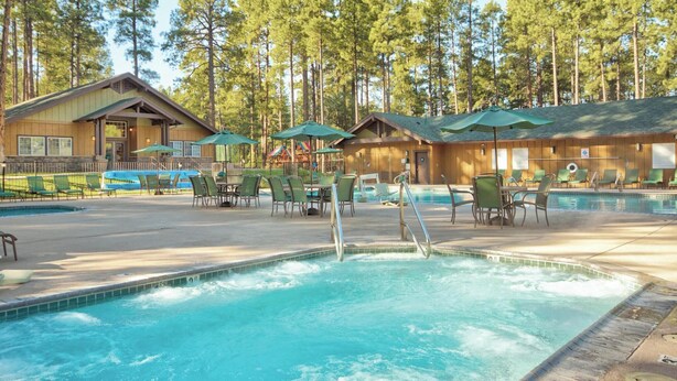 A pool area with lounge chairs and umbrellas, surrounded by tall trees. - Worldmark Pinetop - 1 Bedroom Accessible (Pinetop)