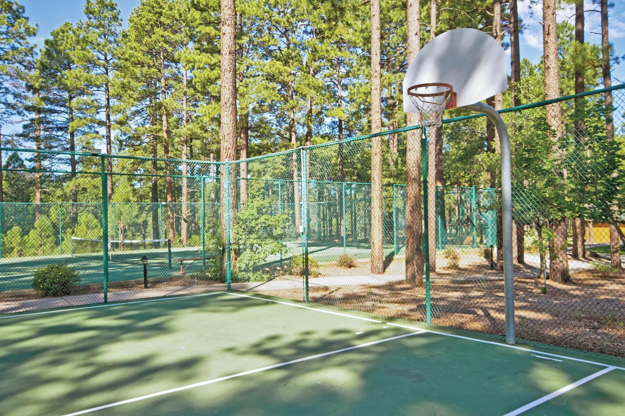 An outdoor basketball court surrounded by a chain-link fence, with trees in the background.