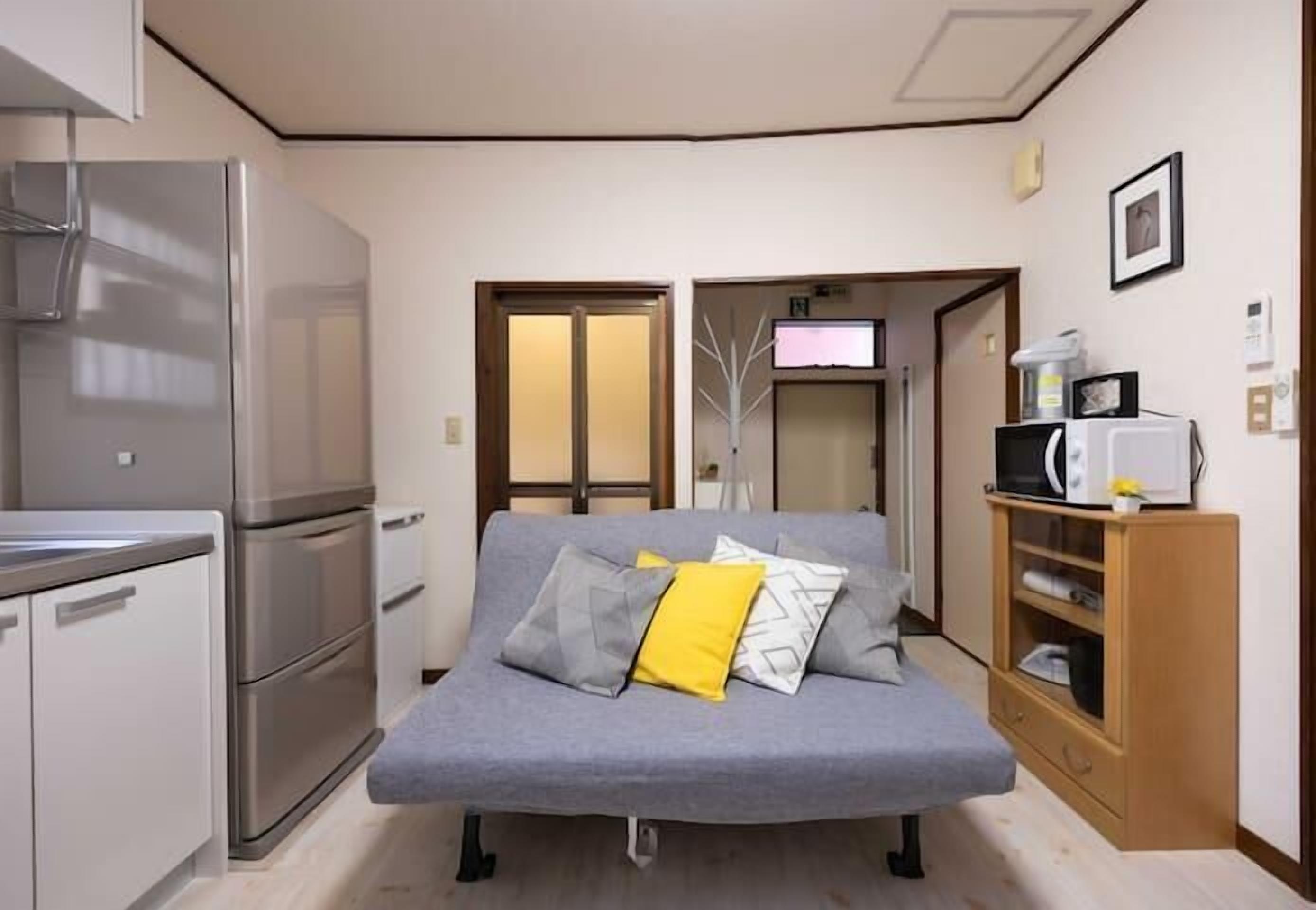 A compact living space with a kitchenette, a sofa with cushions, a television, and a microwave.