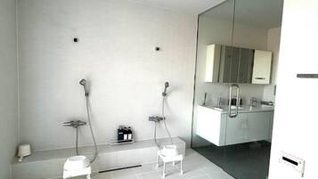 A modern bathroom with a glass shower enclosure, a white sink, and a mirror.