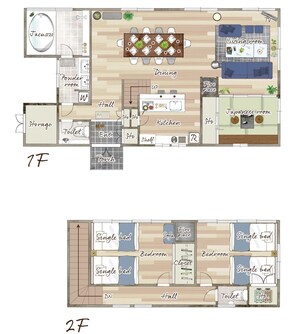 A 2F floor plan with a dining area, kitchen, living room, and two bedrooms. - Futtsu Detached house (Futtsu)