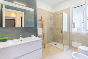 Regadera, secadora de cabello, bidet, toallas