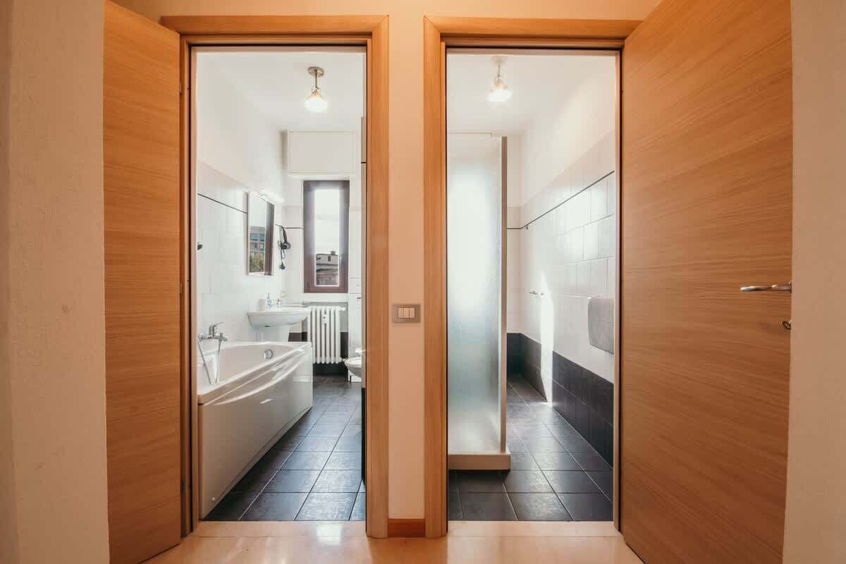 Shower, free toiletries, hair dryer, toilet paper