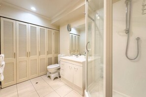 Douche, séchoir à cheveux, serviettes fournies, savon