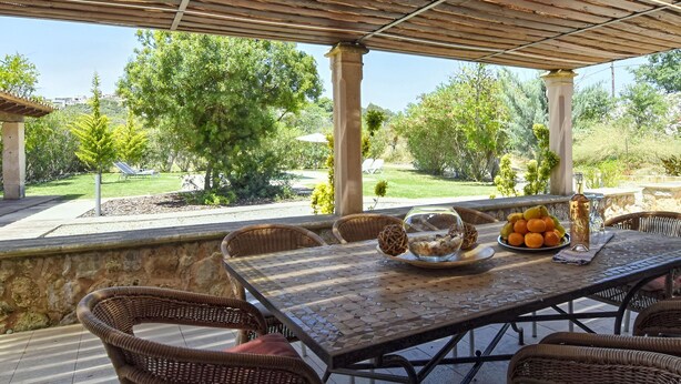 Une terrasse extérieure avec des meubles en osier, une table sur laquelle se trouve un panier de fruits et un verre, et une vue sur un jardin et des arbres.
