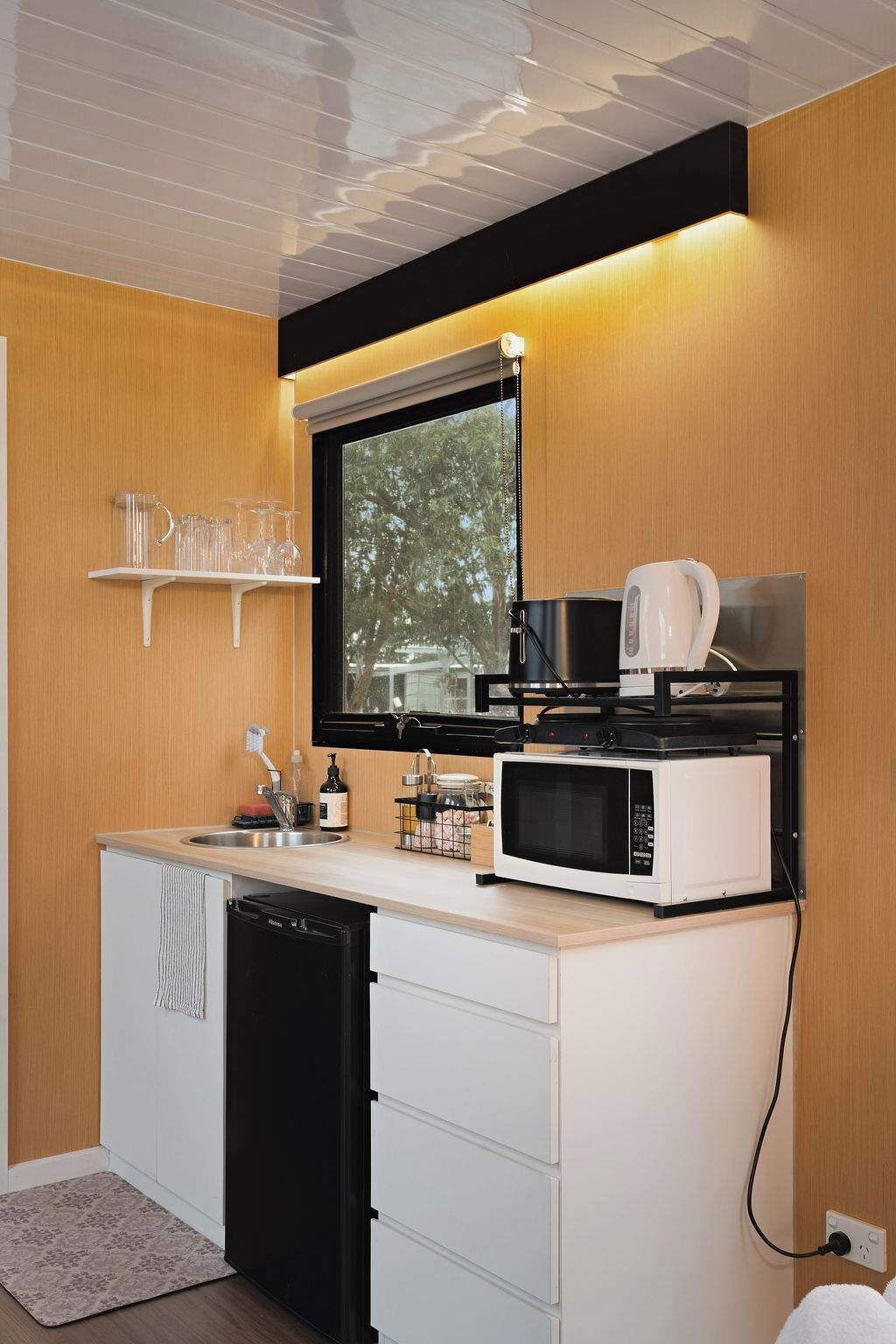 Fridge, microwave, stovetop, electric kettle