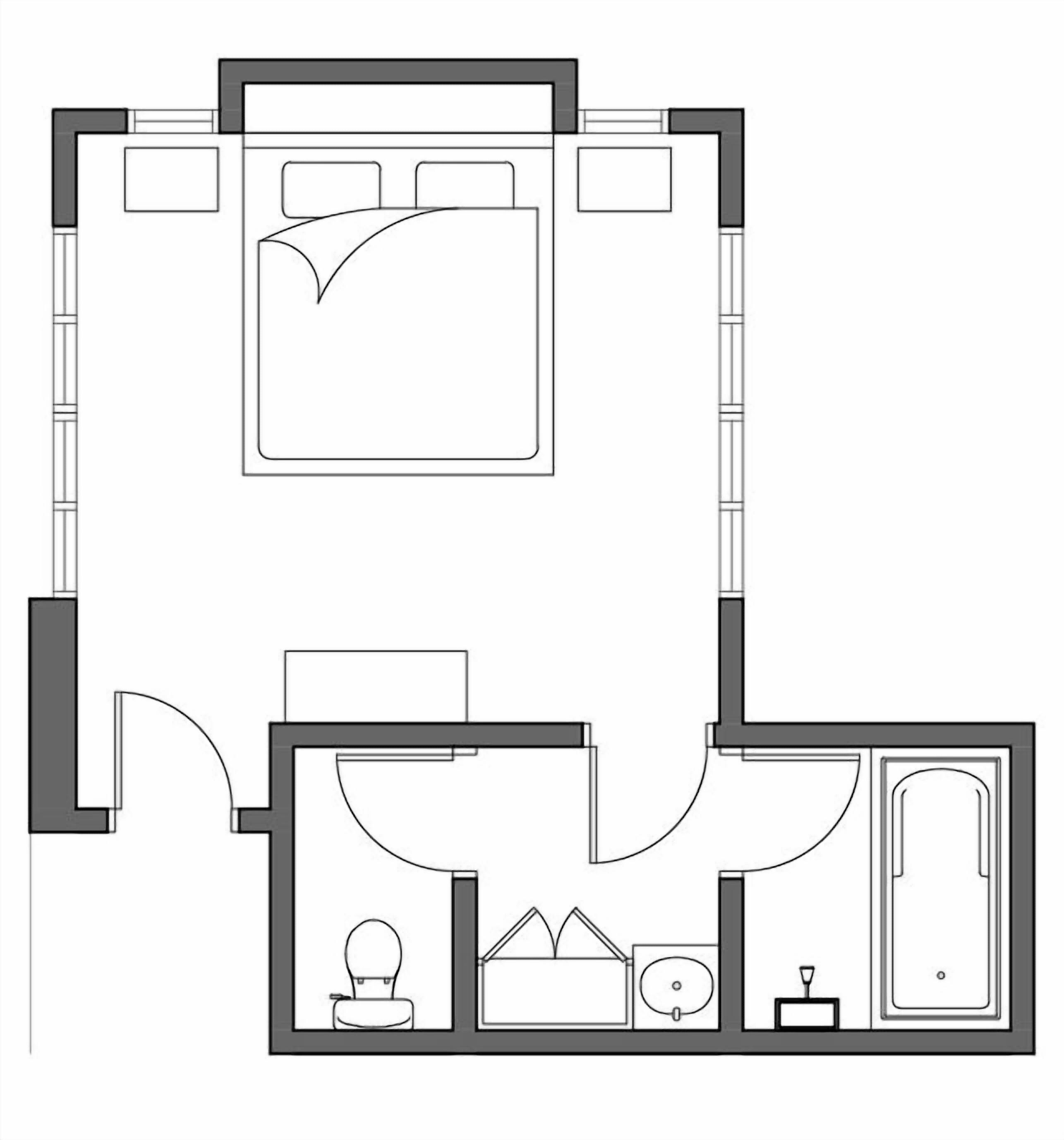 A floor plan with a bedroom, bathroom, and kitchenette.