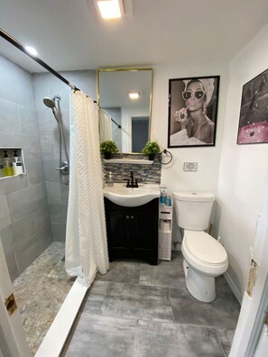 Hair dryer, towels, soap, shampoo