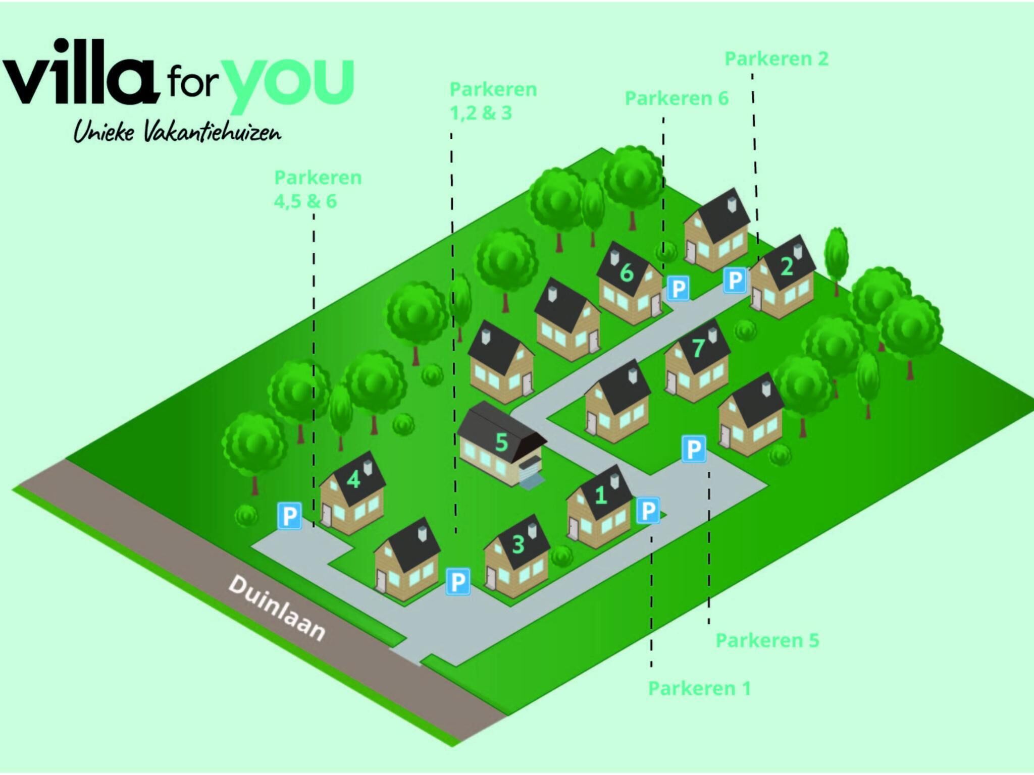 A 3D isometric view of a villa community with numbered houses and designated parking areas.