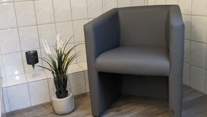 Kulmassa sijaitseva huone, jossa on harmaa, verhoiltu tuoli, ruukussa oleva kasvi ja valkoisilla laatoilla päällystetty seinä.