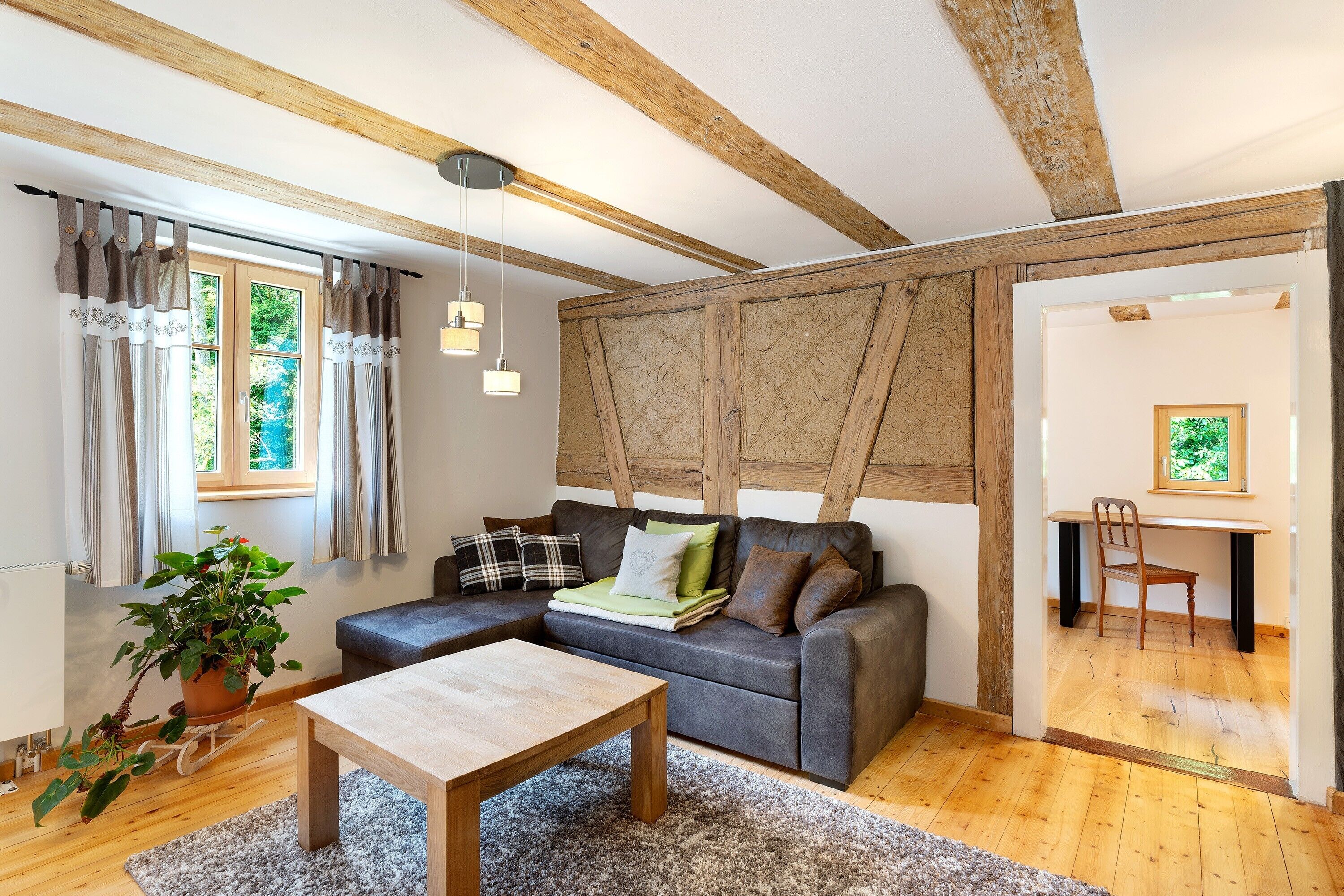 Un salon avec un canapé, une table basse, une plante et un plafond en bois.